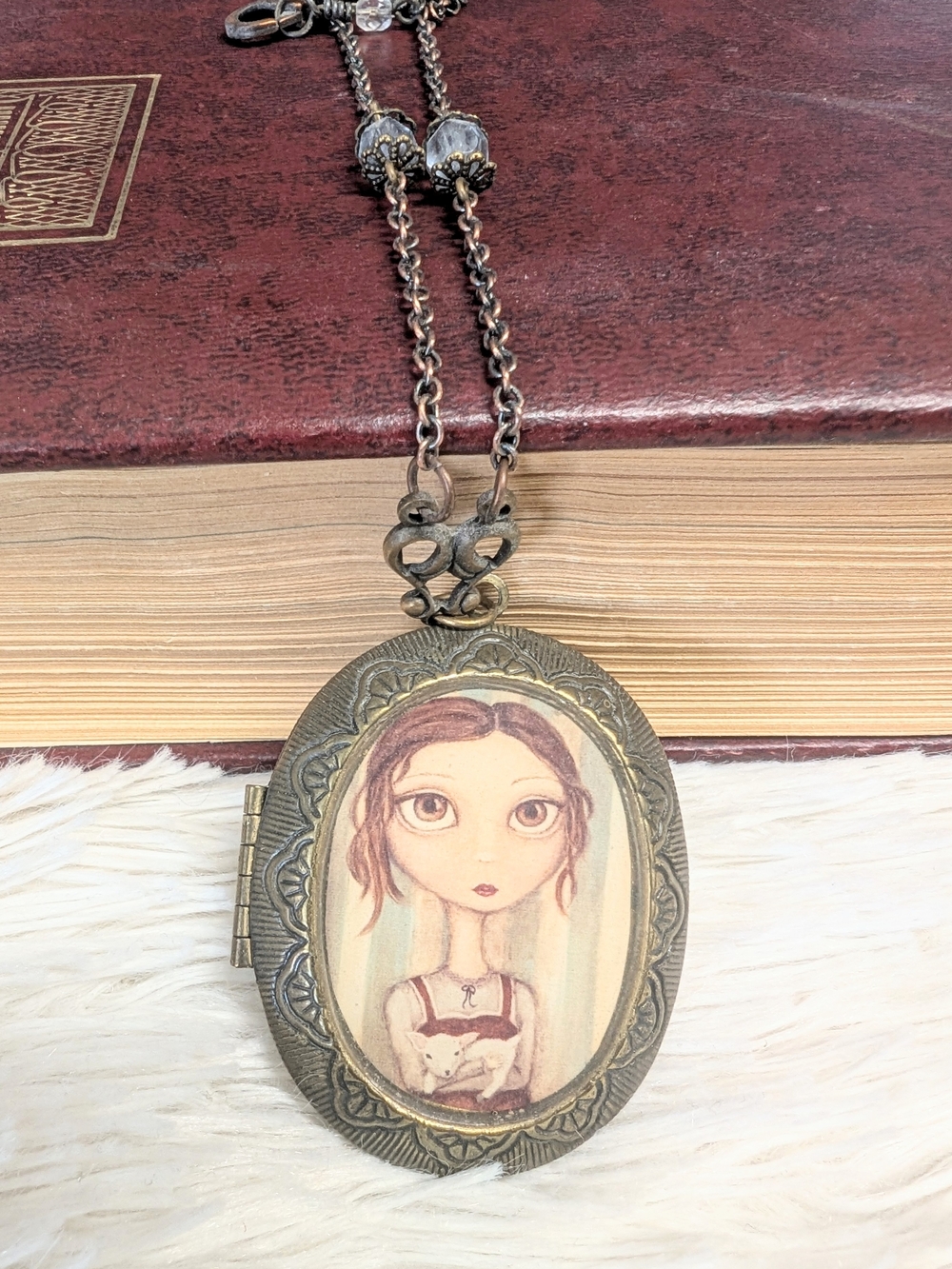Vintage-Inspired Bronze Locket Necklace with Illustrated Girl & Lamb